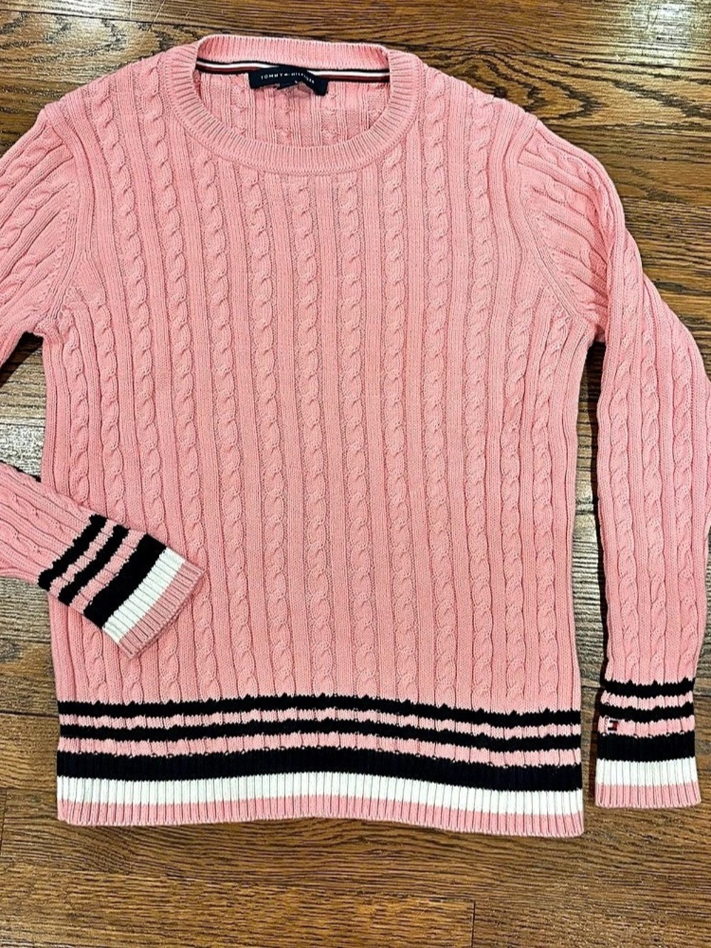 Tommy Hilfiger Cotton Cable Knit Crewneck Sweater Pink & Black Large